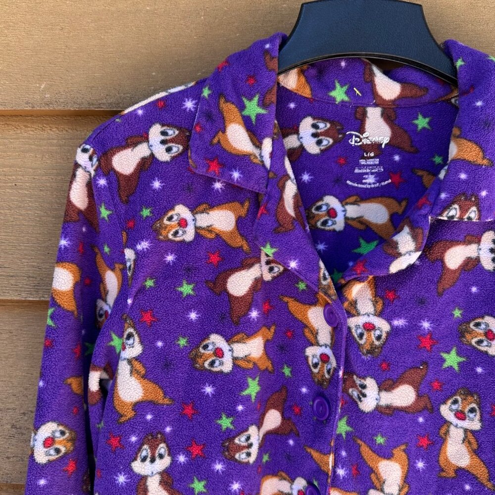 Disney Chip & Dale Womens Purple Fleece Button-Up Pajama Top L - Picture 4 of 12